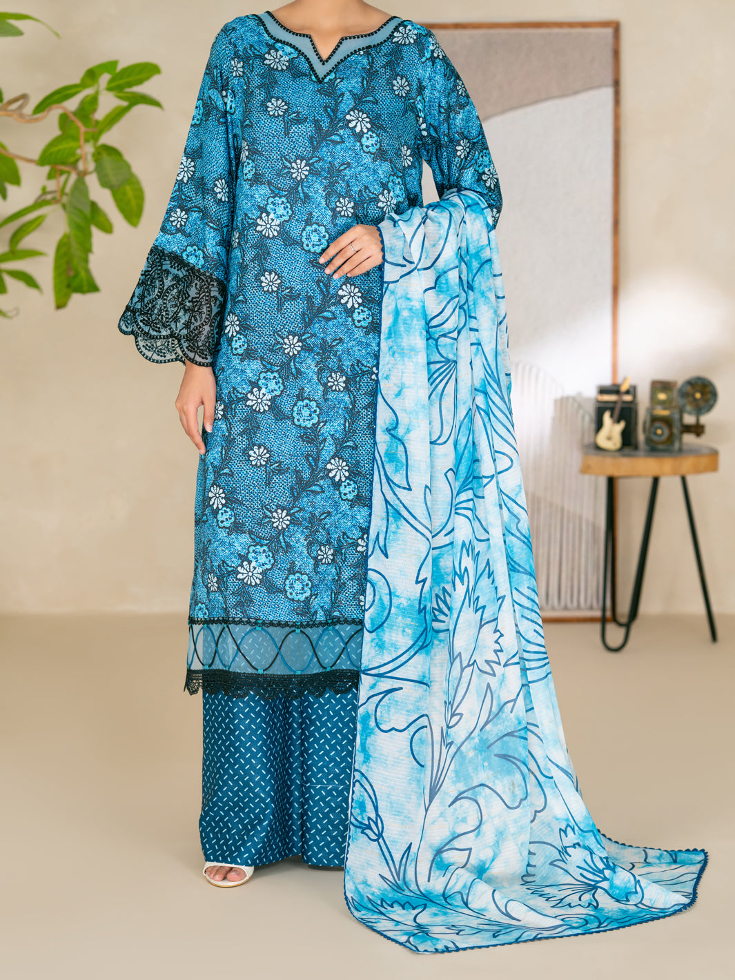 Blue Swiss Jacquard Unstitched 3PC - ALP-3PS-2730