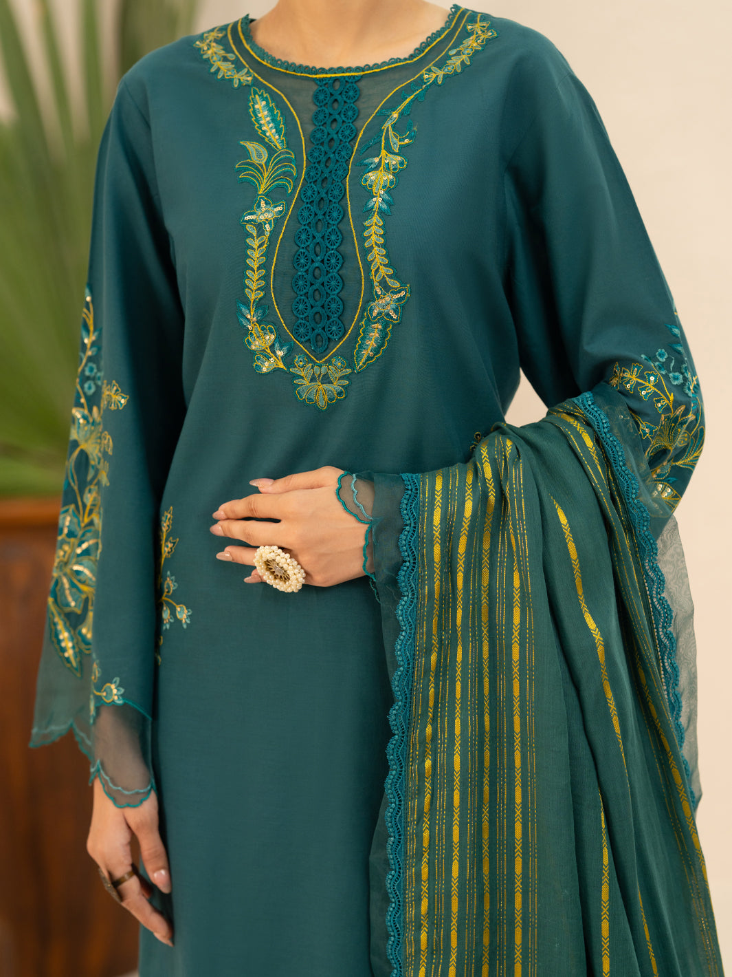Green Cotton Cambric Stitched 3Pc - AWP-3PS-950