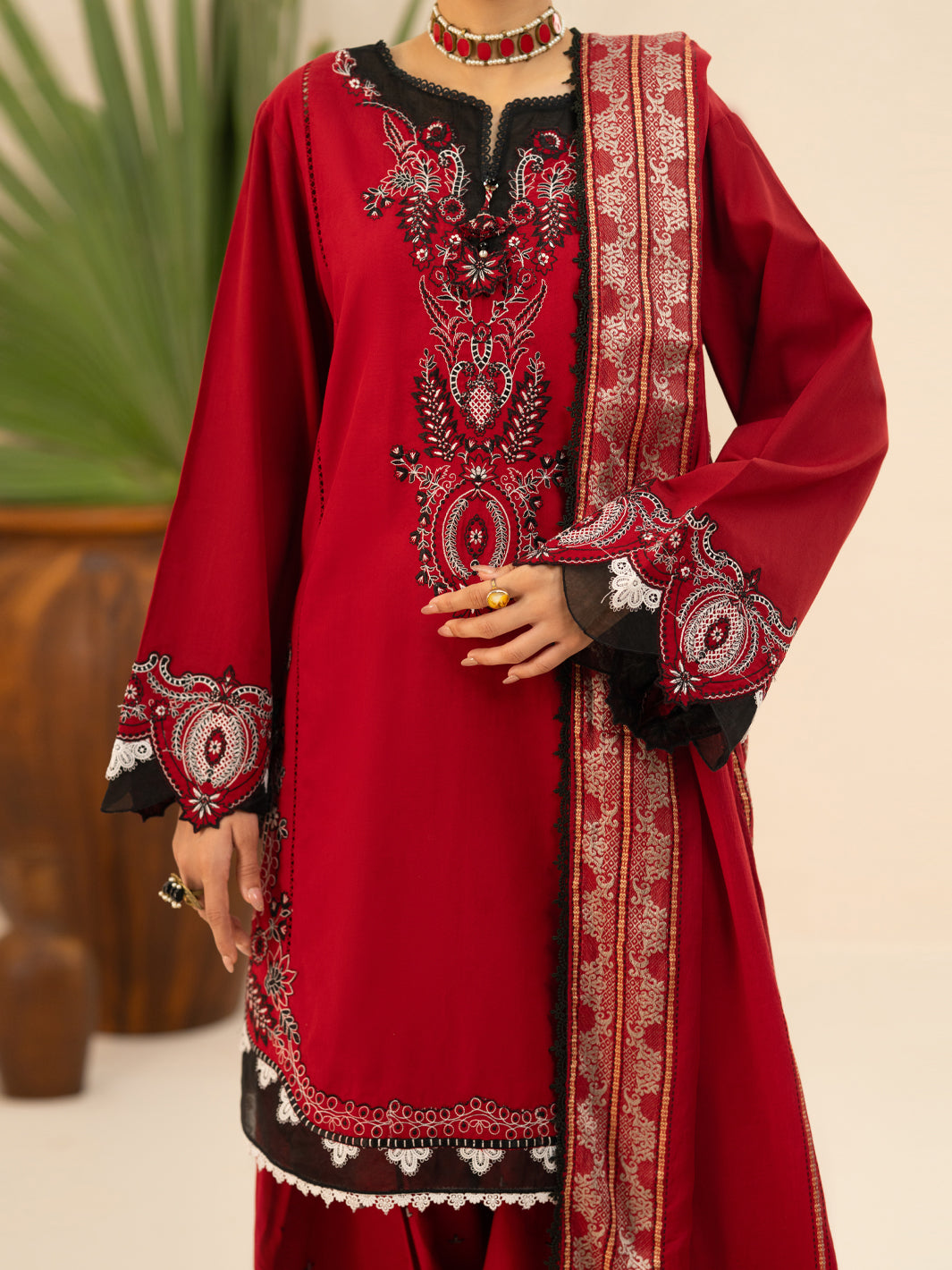 Red Cotton Cambric 3Pc Stitched - AWP-3PS-951