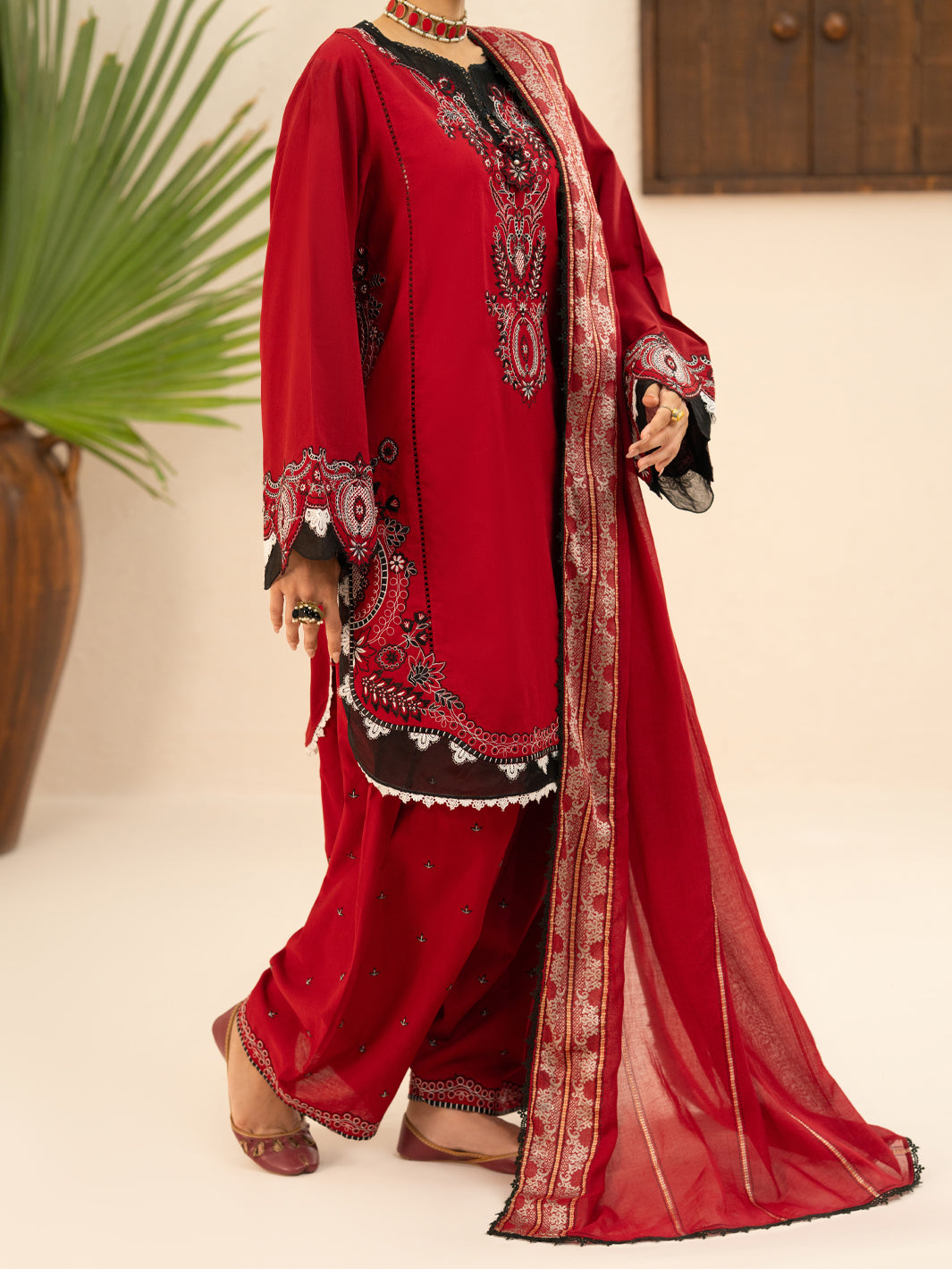 Red Cotton Cambric 3Pc Stitched - AWP-3PS-951