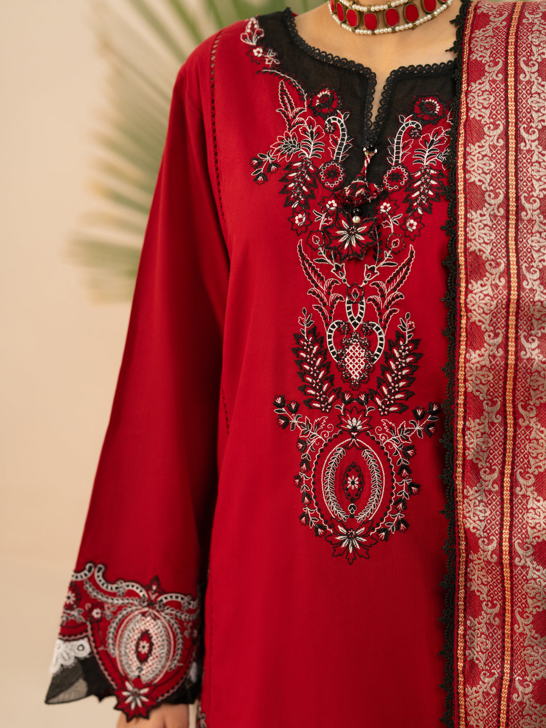 Red Cotton Cambric 3Pc Stitched - AWP-3PS-951