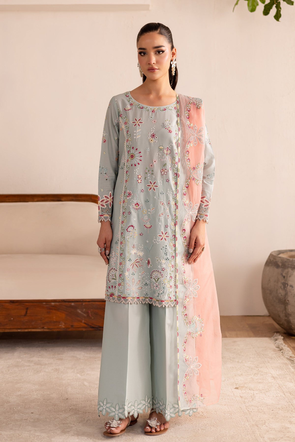 Across The Ocean 3Pc - Embroidered Solid Dress