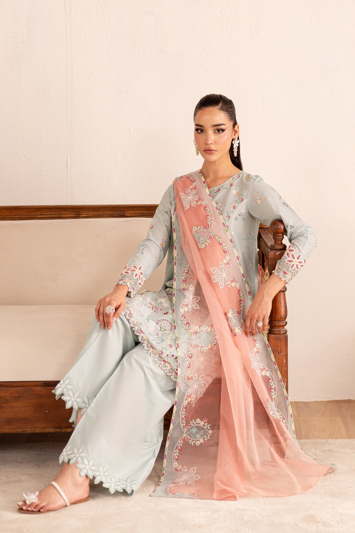 Across The Ocean 3Pc - Embroidered Solid Dress