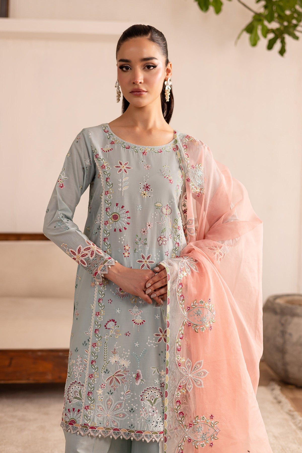 Across The Ocean 3Pc - Embroidered Solid Dress