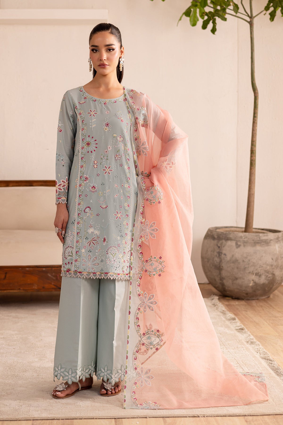Across The Ocean 3Pc - Embroidered Solid Dress