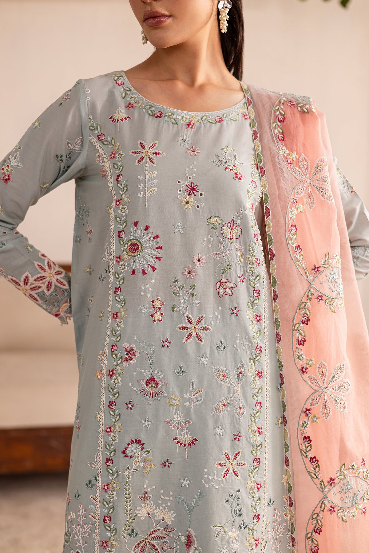 Across The Ocean 3Pc - Embroidered Solid Dress