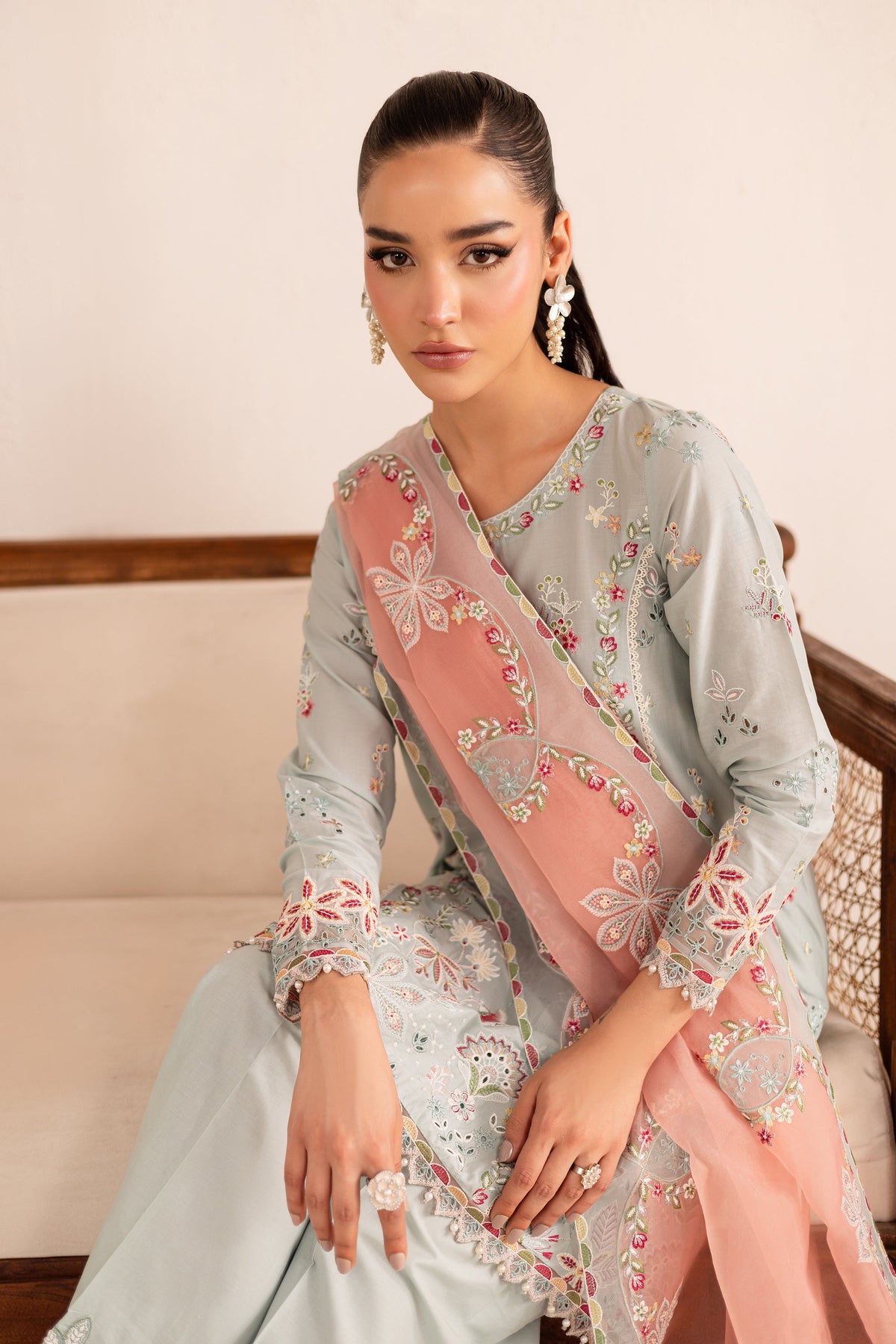 Across The Ocean 3Pc - Embroidered Solid Dress