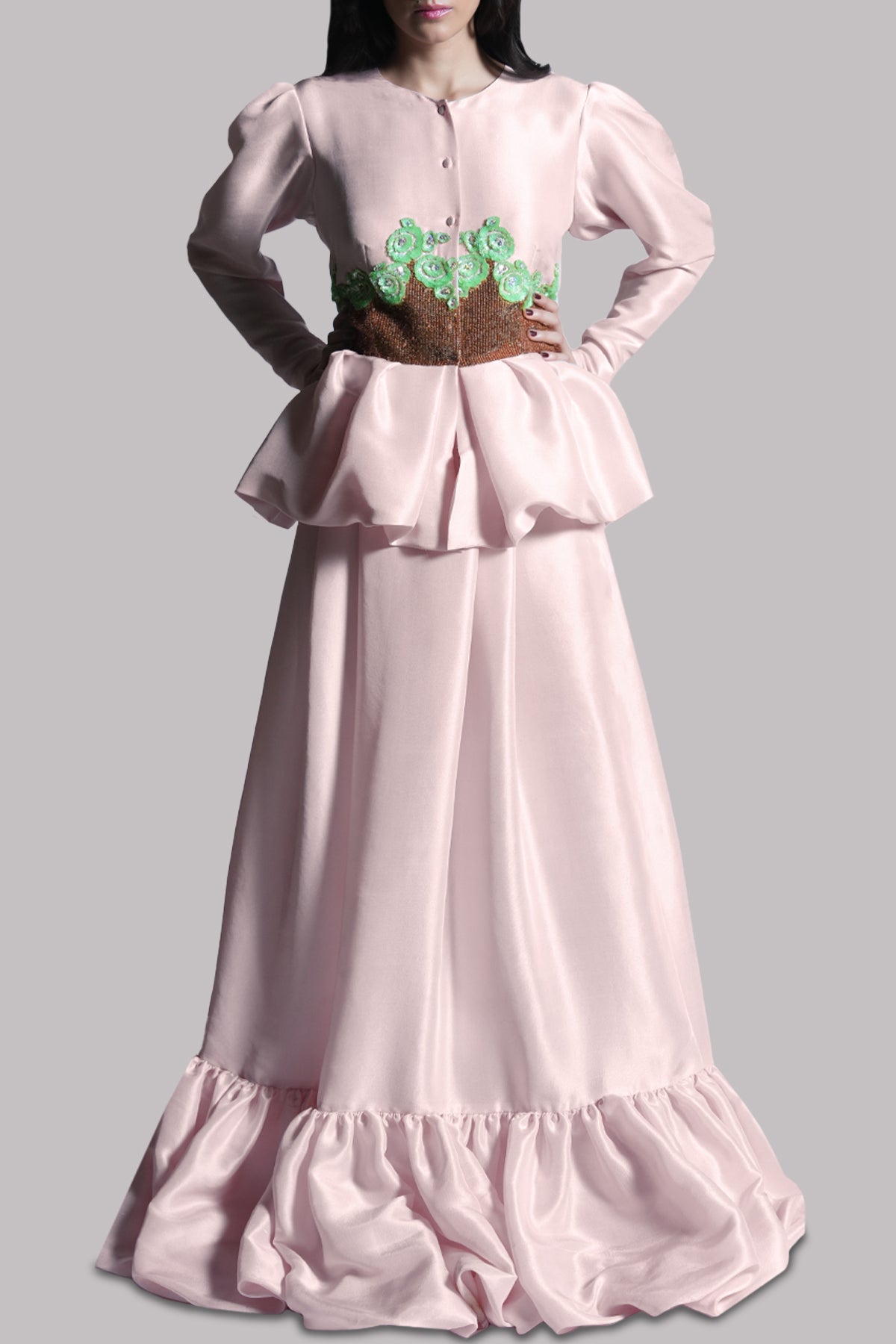 Crystal Pink Embellished Raw Silk Skirt Set