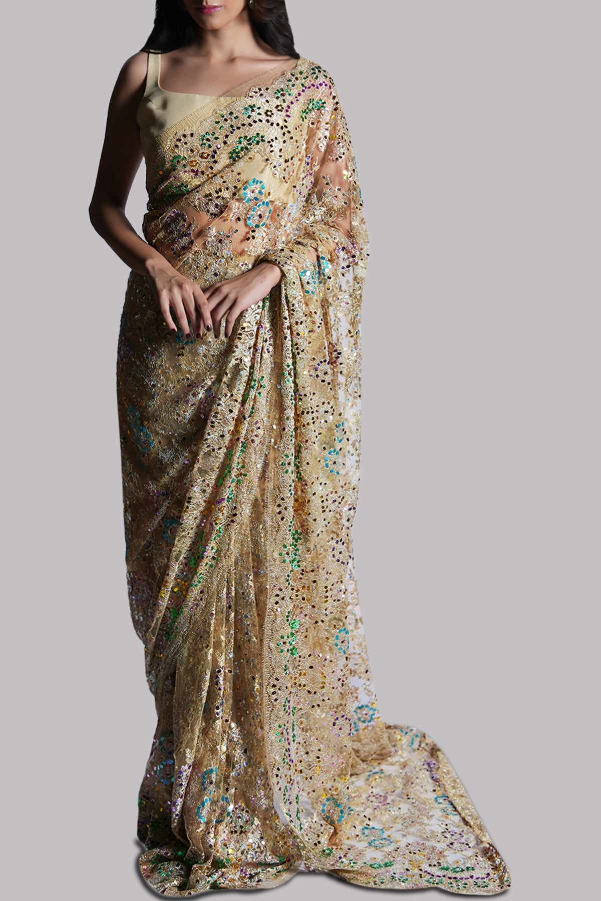 Lamb’s Wool Embellished Chantilly lace Sari