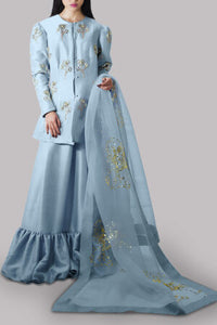 Cashmere Blue Embellished Raw Silk Skirt Set
