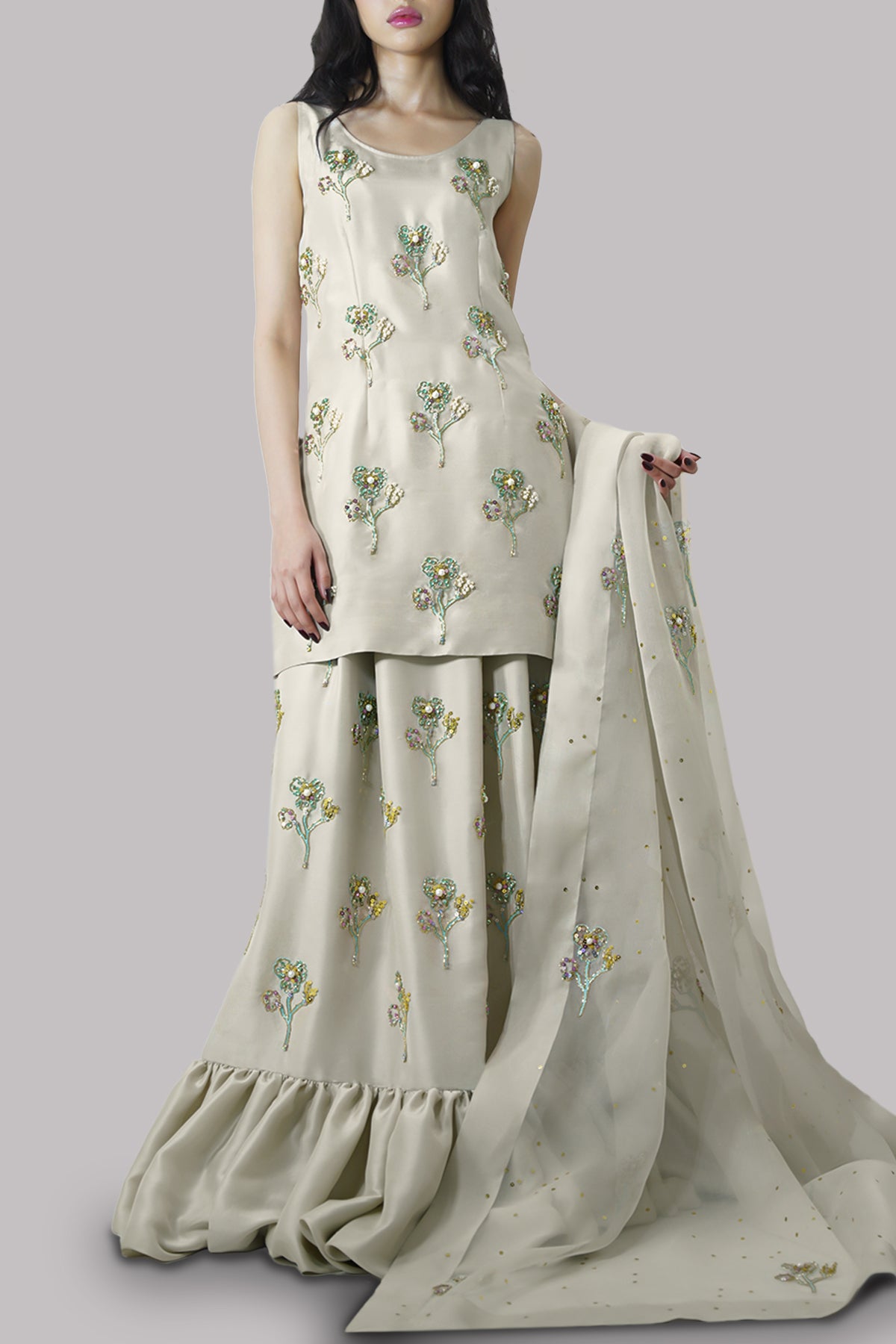 White Swan Embellished Raw Silk Skirt Set