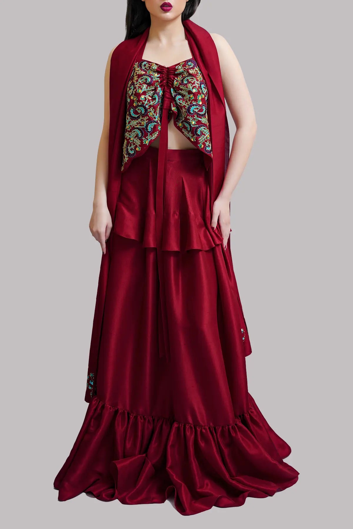 Rust Embellished Blouse Skirt Dupatta Set