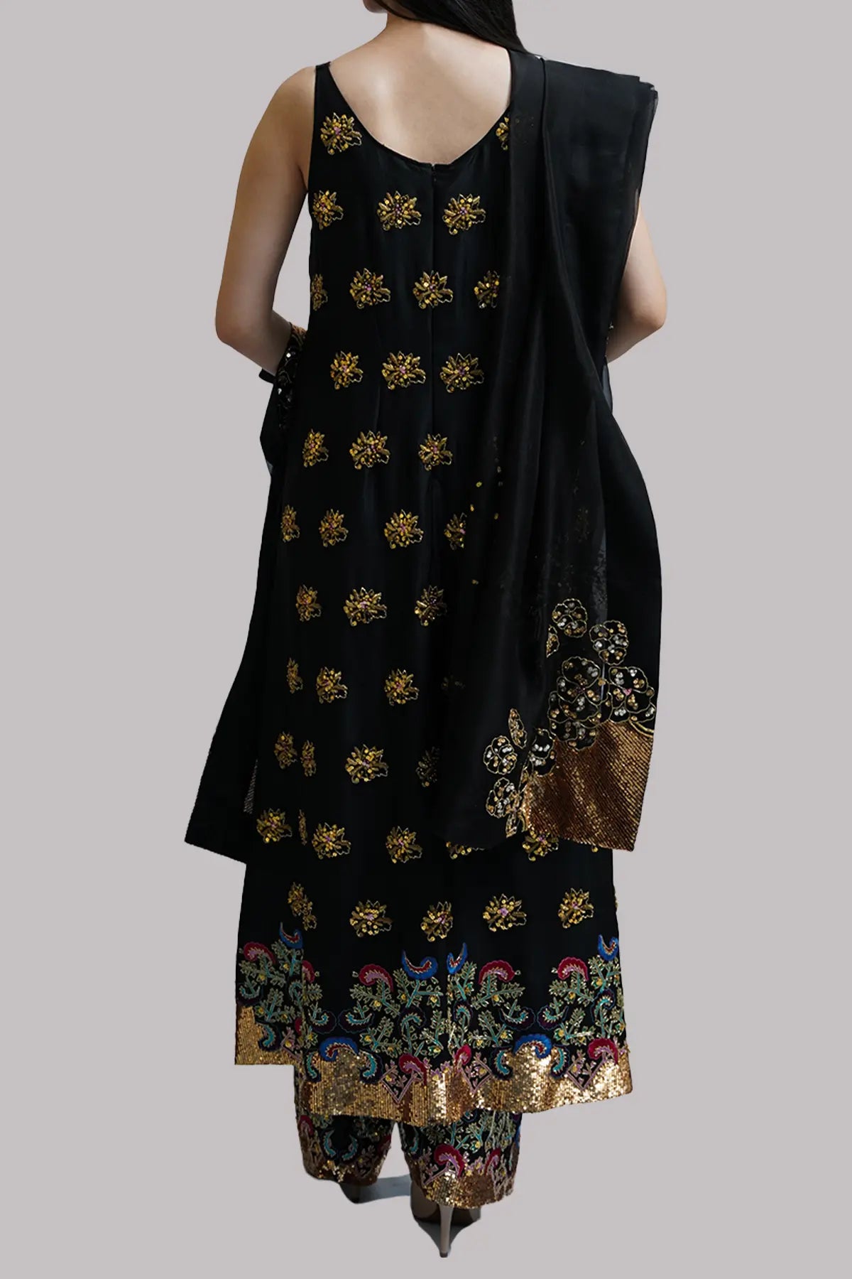 Black Embellished Raw Silk Set