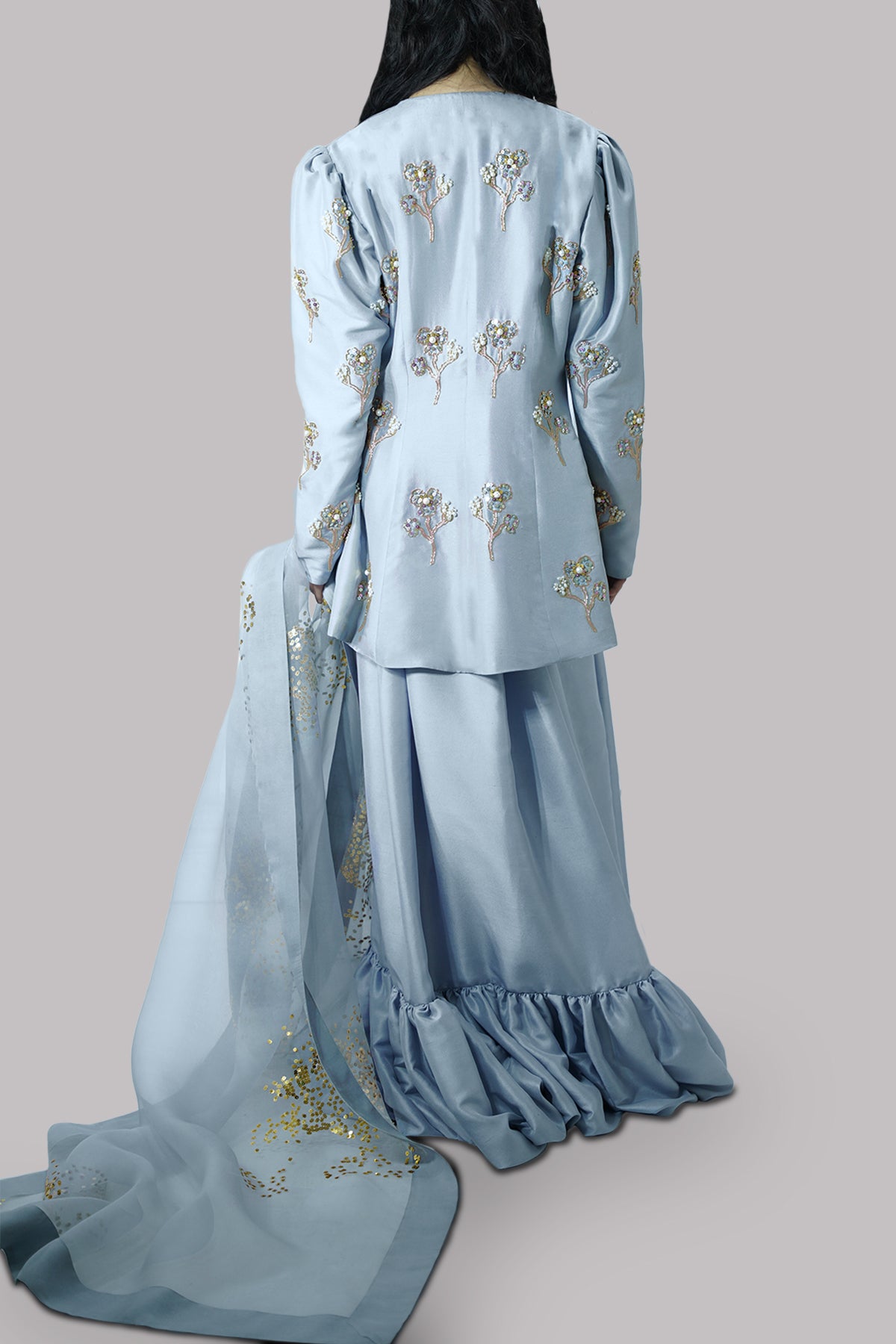 Cashmere Blue Embellished Raw Silk Skirt Set