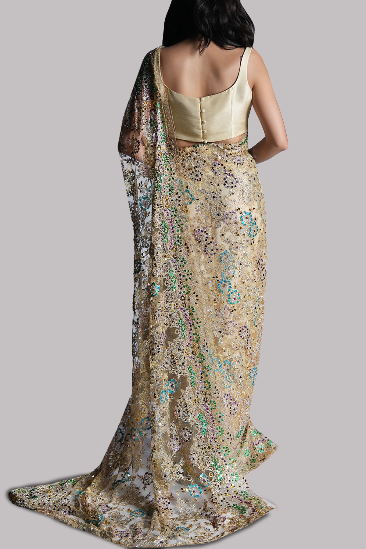 Lamb’s Wool Embellished Chantilly lace Sari