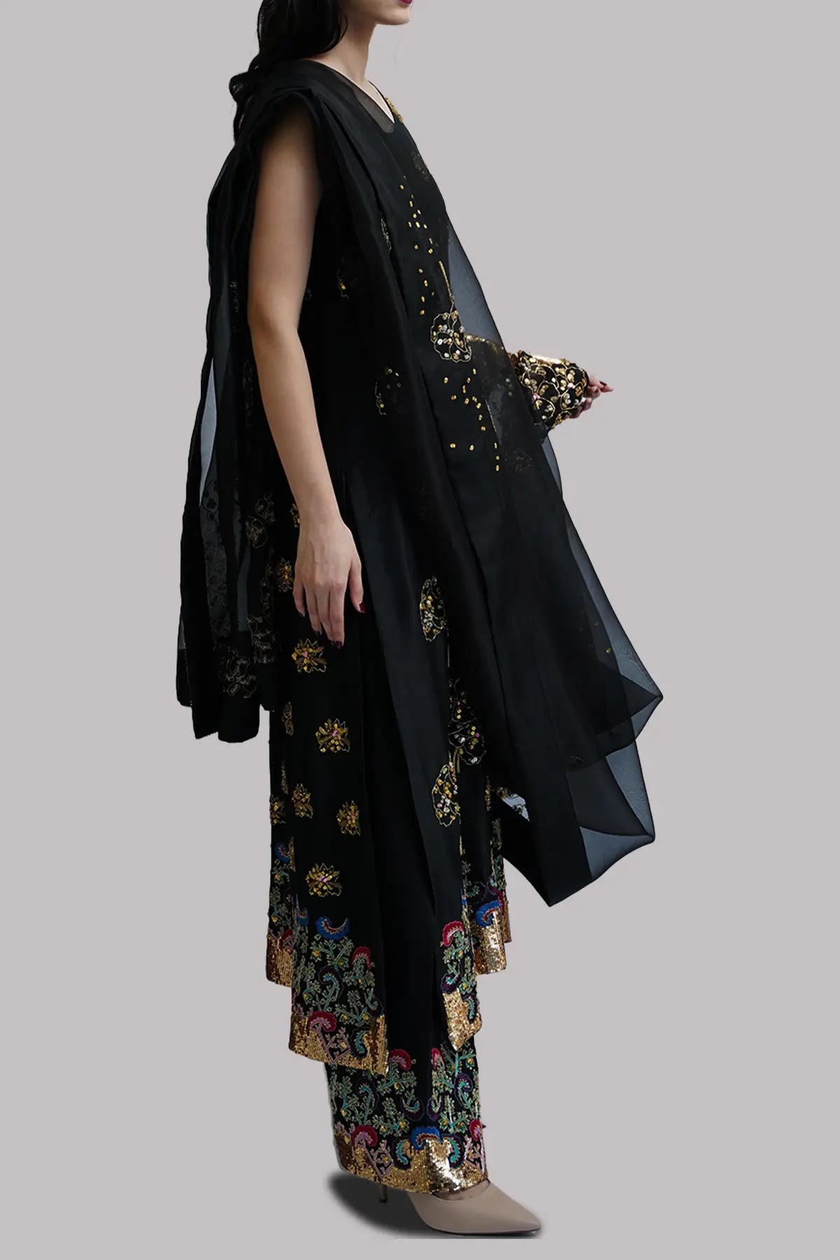Black Embellished Raw Silk Set