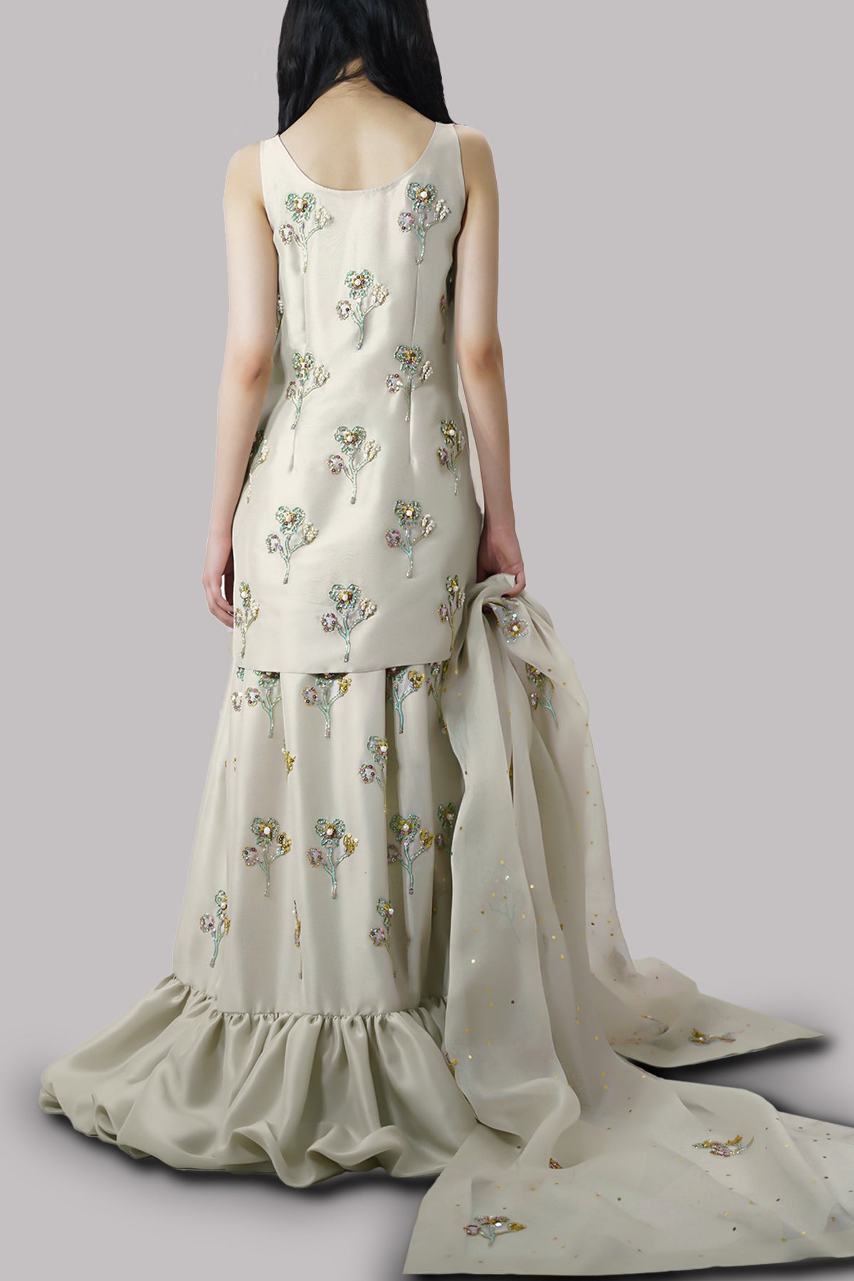 White Swan Embellished Raw Silk Skirt Set