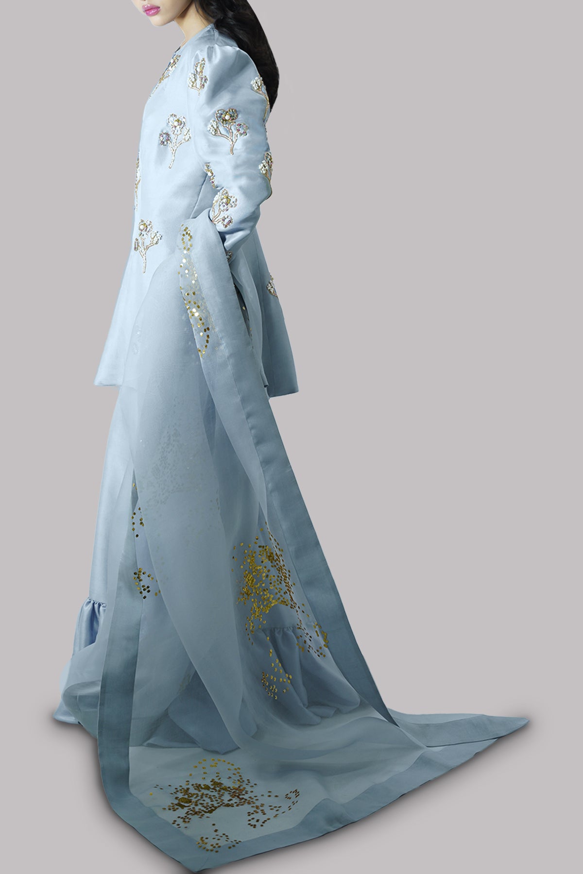 Cashmere Blue Embellished Raw Silk Skirt Set