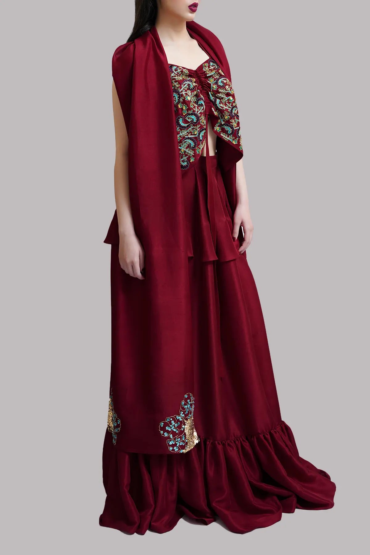 Rust Embellished Blouse Skirt Dupatta Set