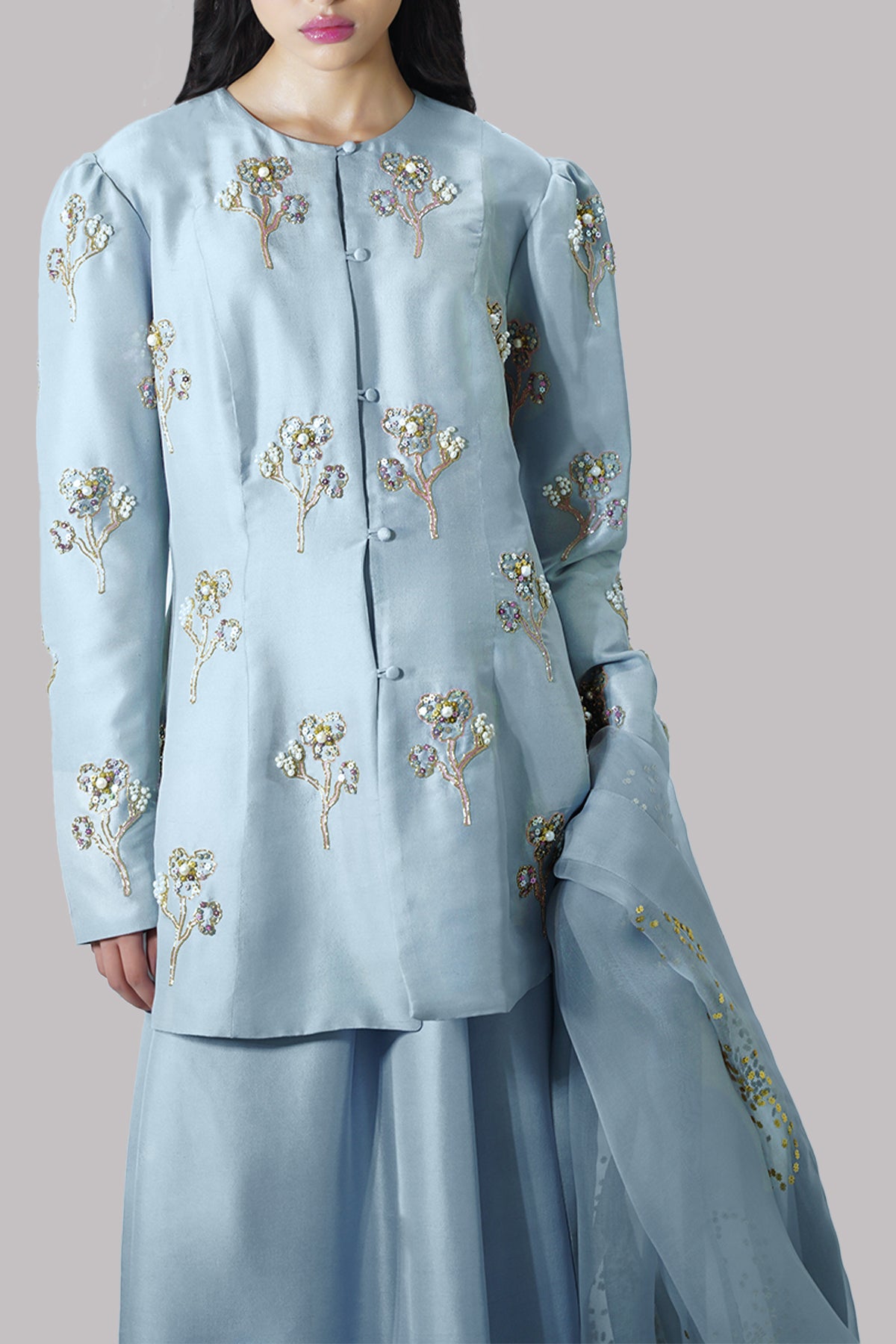 Cashmere Blue Embellished Raw Silk Skirt Set