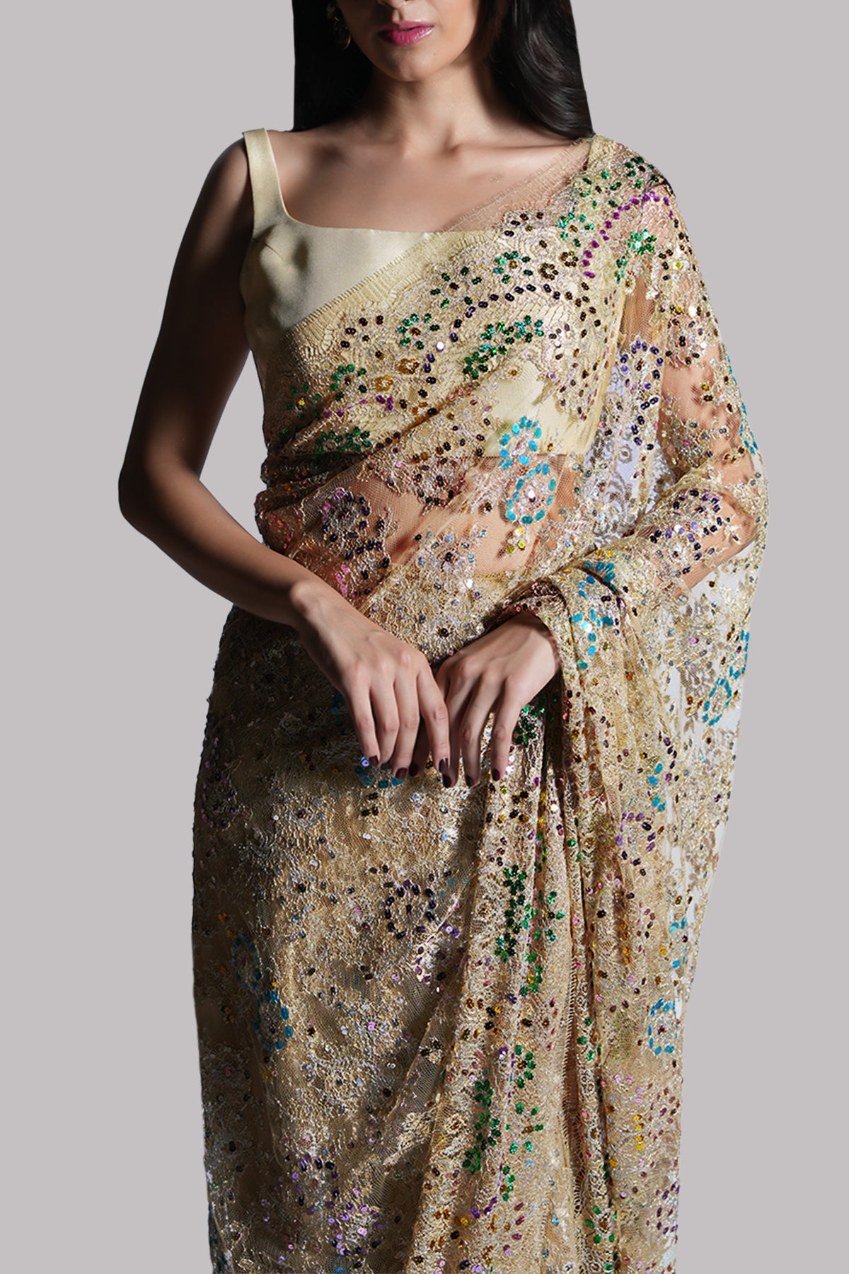 Lamb’s Wool Embellished Chantilly lace Sari