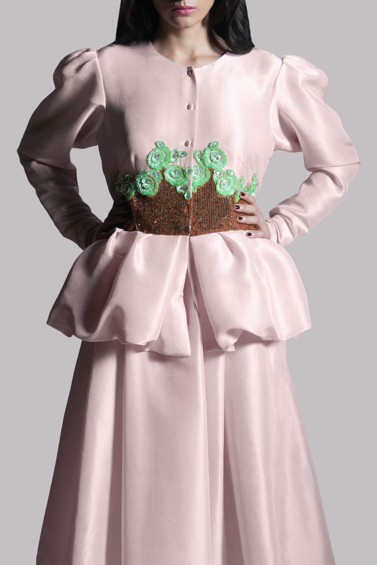 Crystal Pink Embellished Raw Silk Skirt Set