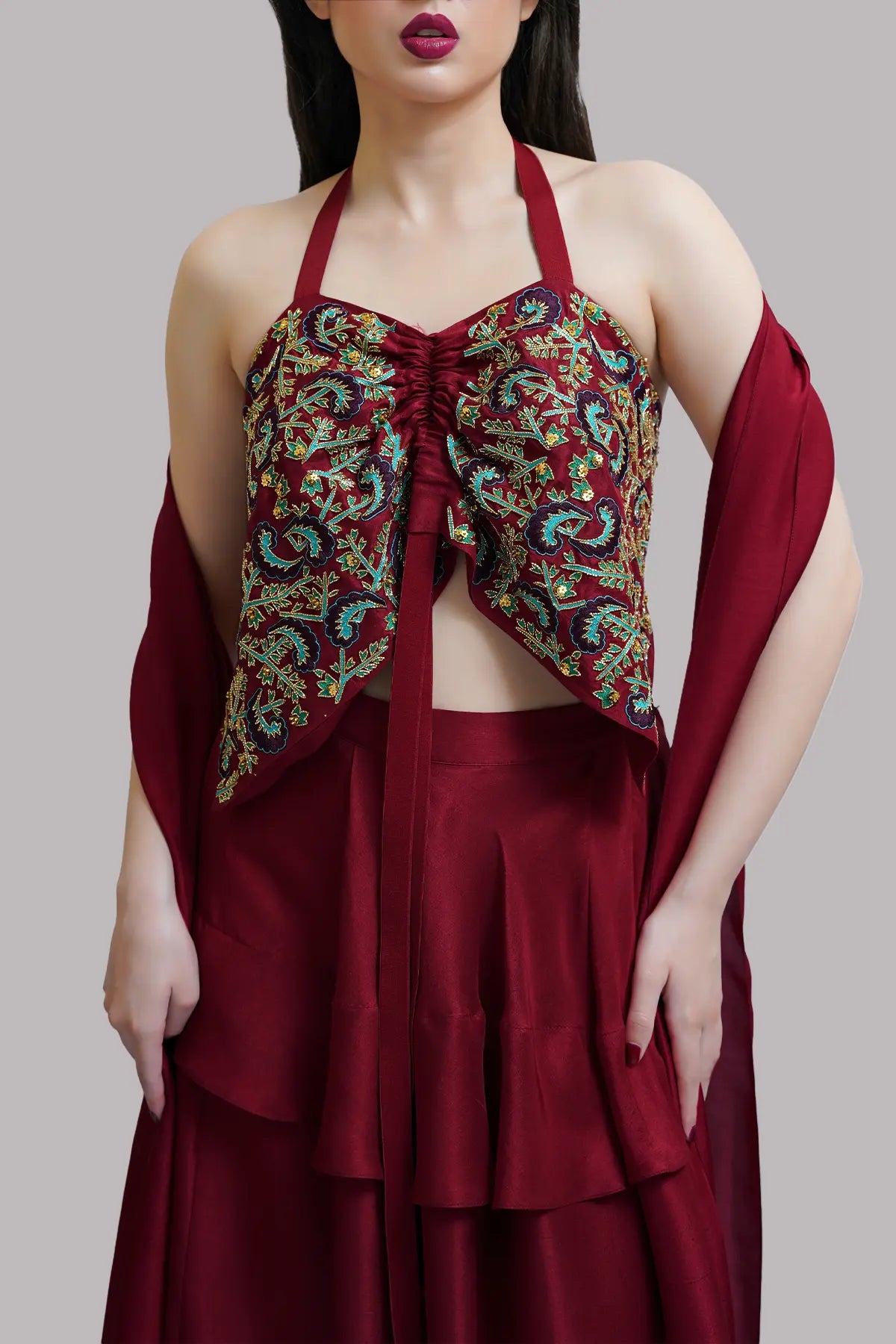 Rust Embellished Blouse Skirt Dupatta Set