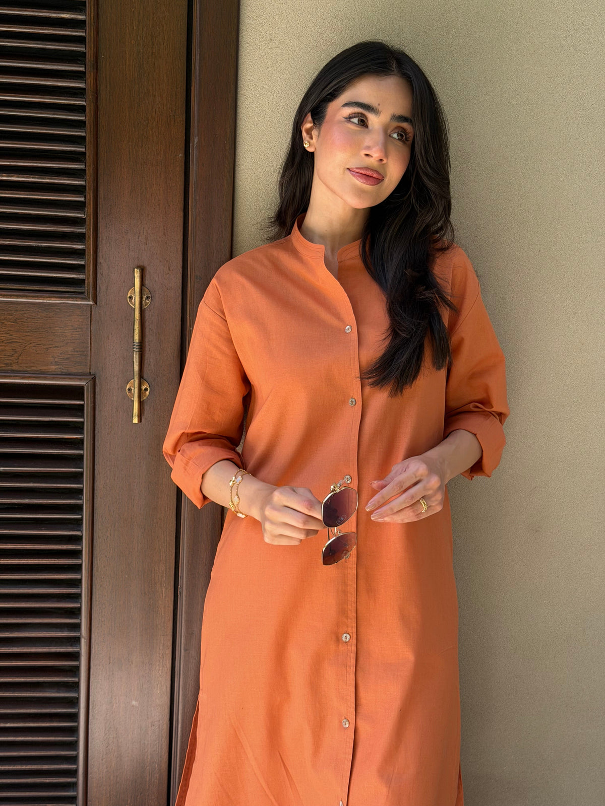 Oversized Linen Shirt Dress in Tangerine