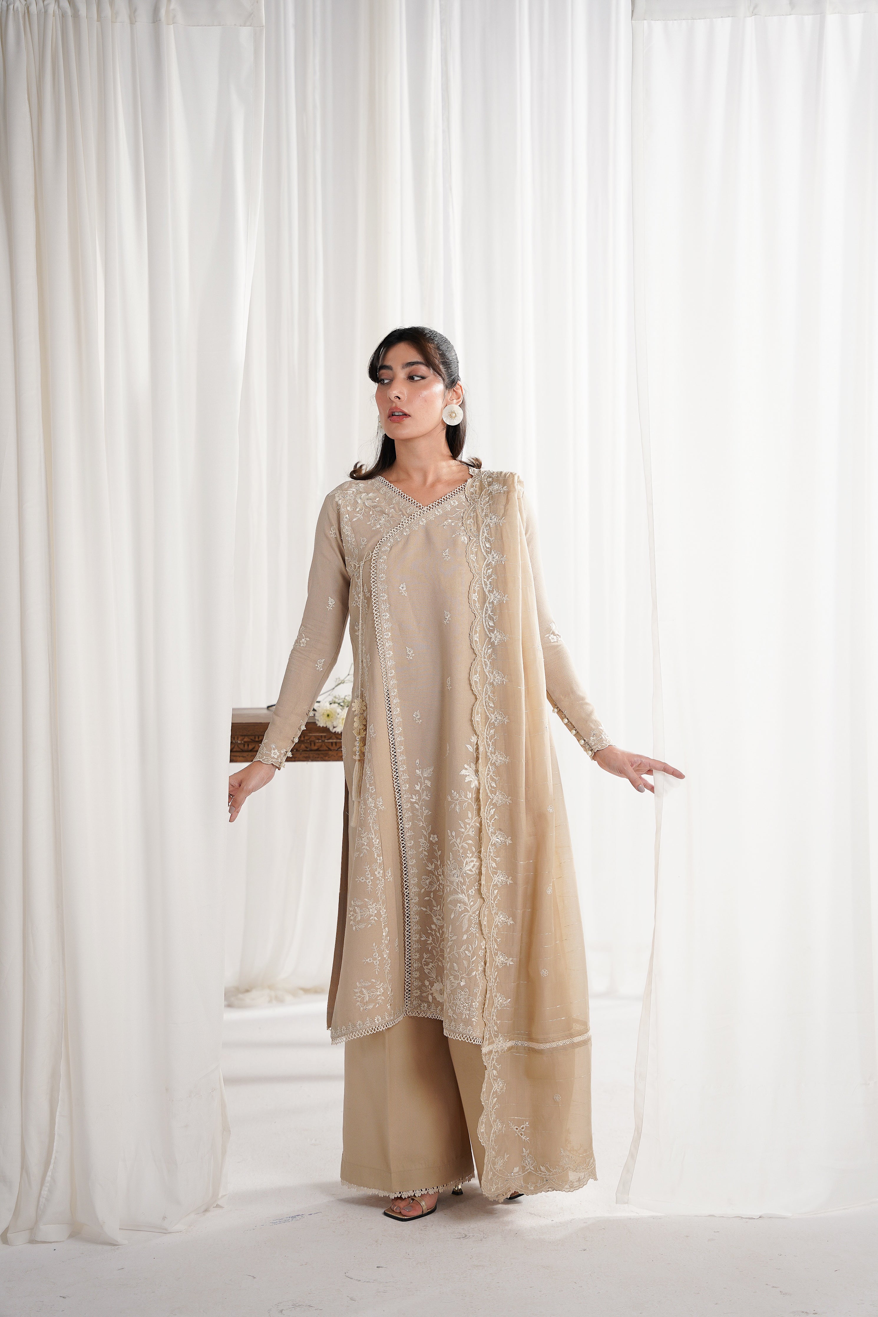SAND BEIGE LUXURY EMBROIDERED 3PCS SET NPA3-25419 (EID 2025 READY TO WEAR) - EXPRESS SHIPPING