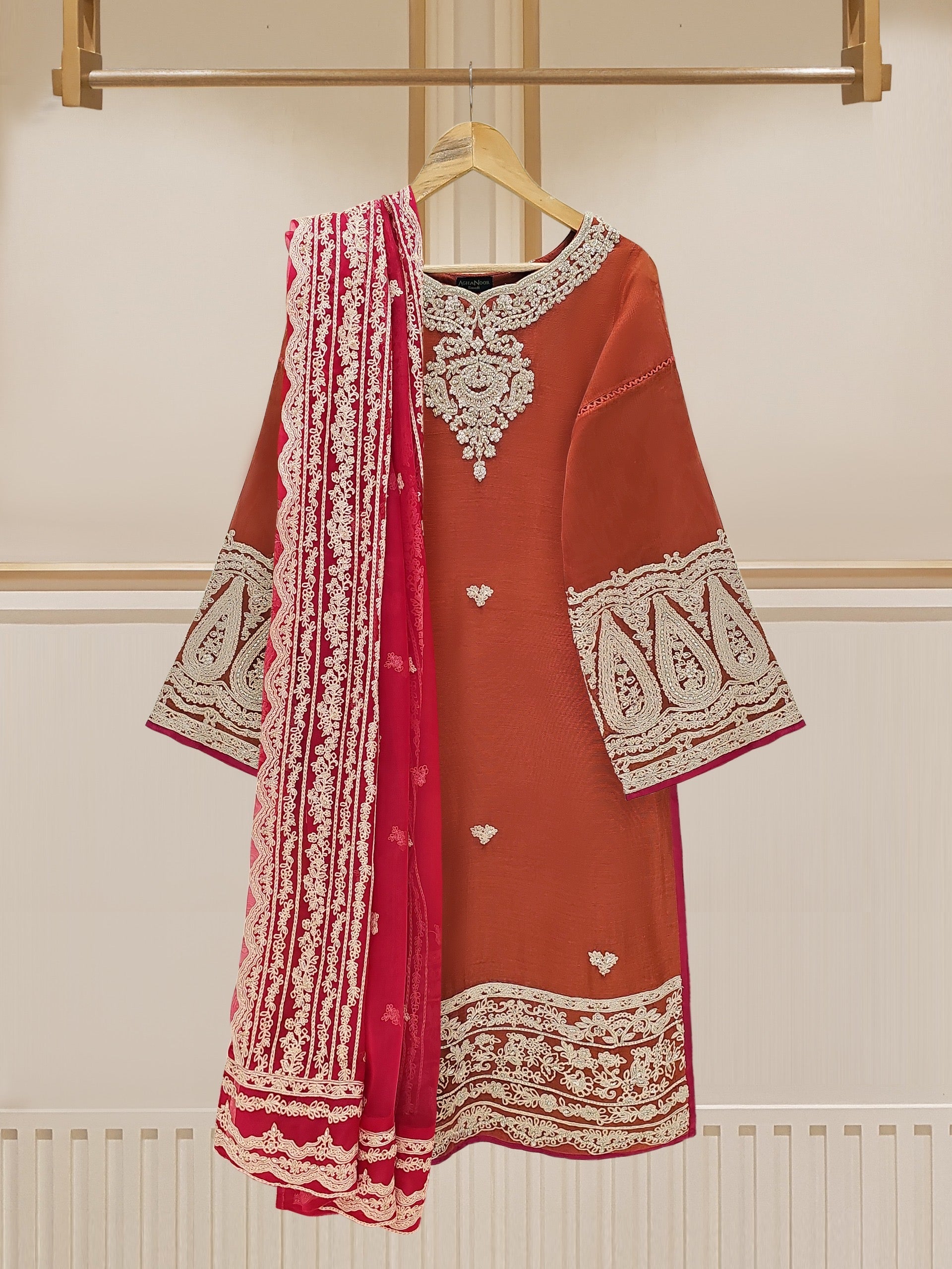 3 Piece - Pure Cotton Net Embroidered Suit S109746