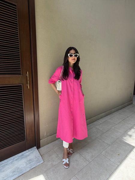 Oversized Linen Shirt Dress in Hot Pink
