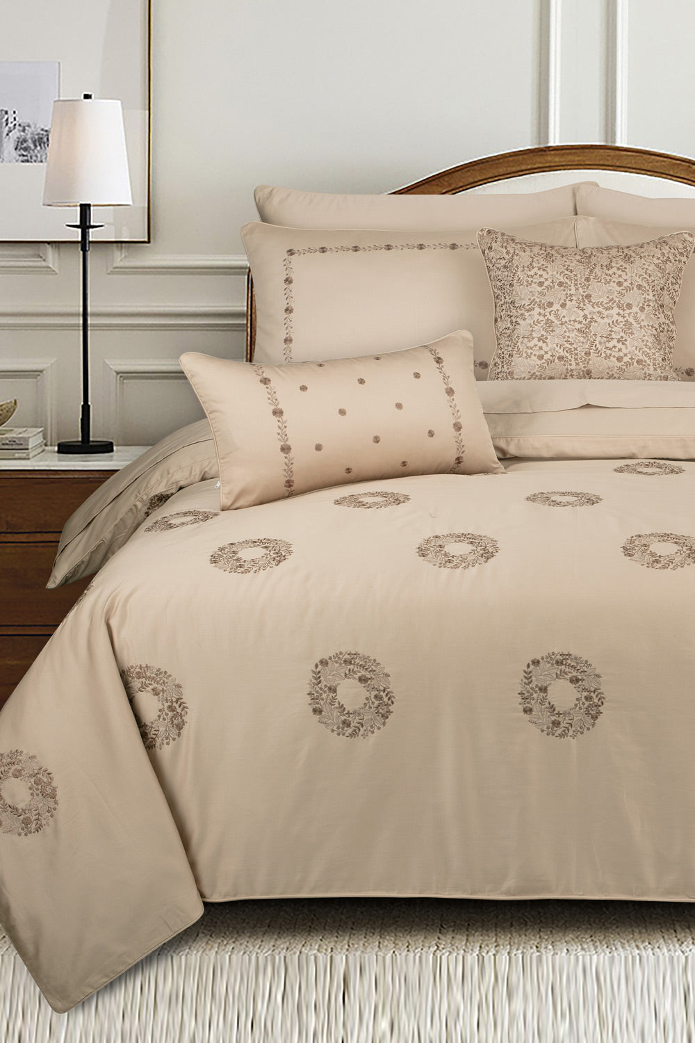 Beige T-400 Embroidered Quilt Cover Set