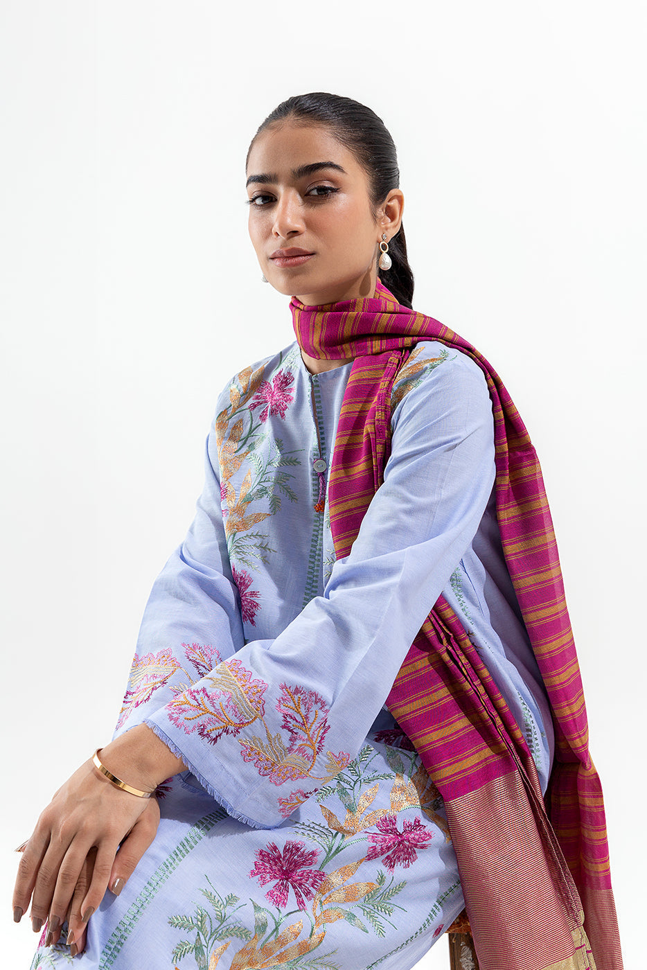 2 Piece Embroidered Chambray Suit (Pret)