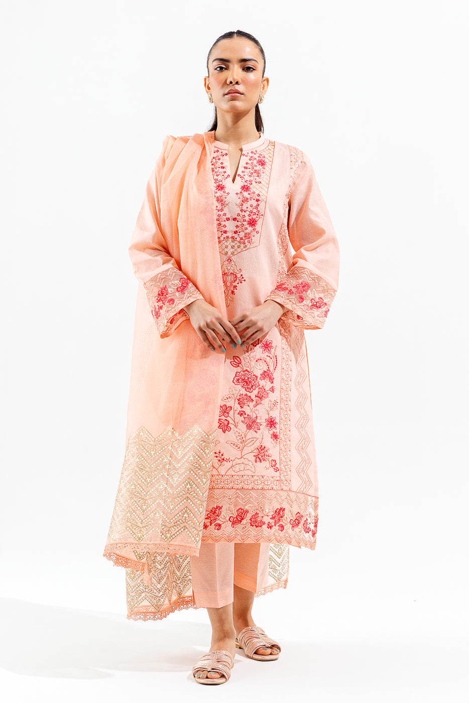 3 Piece Embroidered Slub Suit (Luxury Pret)