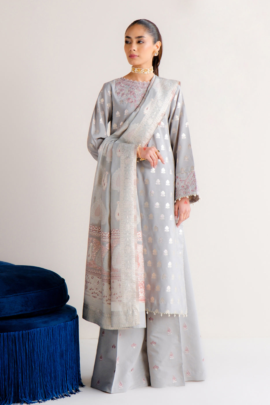 3 Piece Embroidered Jacquard Suit-Mystic Misty (Unstitched)
