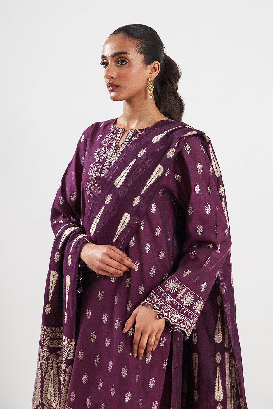 3 Piece Embroidered Jacquard Suit-Plum Sequin (Unstitched)