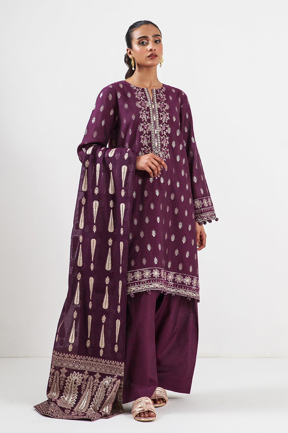 3 Piece Embroidered Jacquard Suit-Plum Sequin (Unstitched)