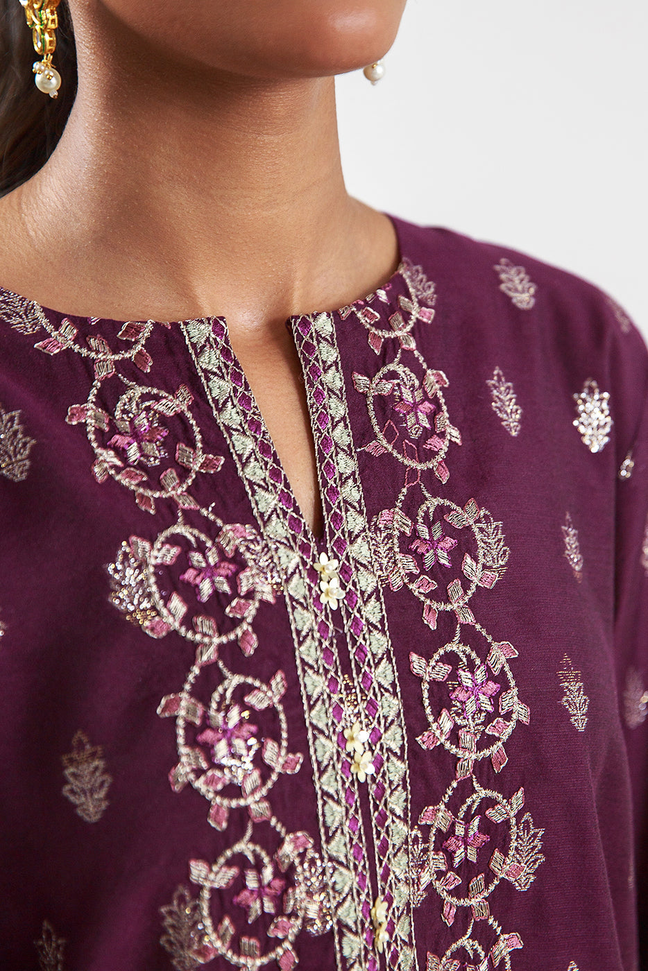 3 Piece Embroidered Jacquard Suit-Plum Sequin (Unstitched)