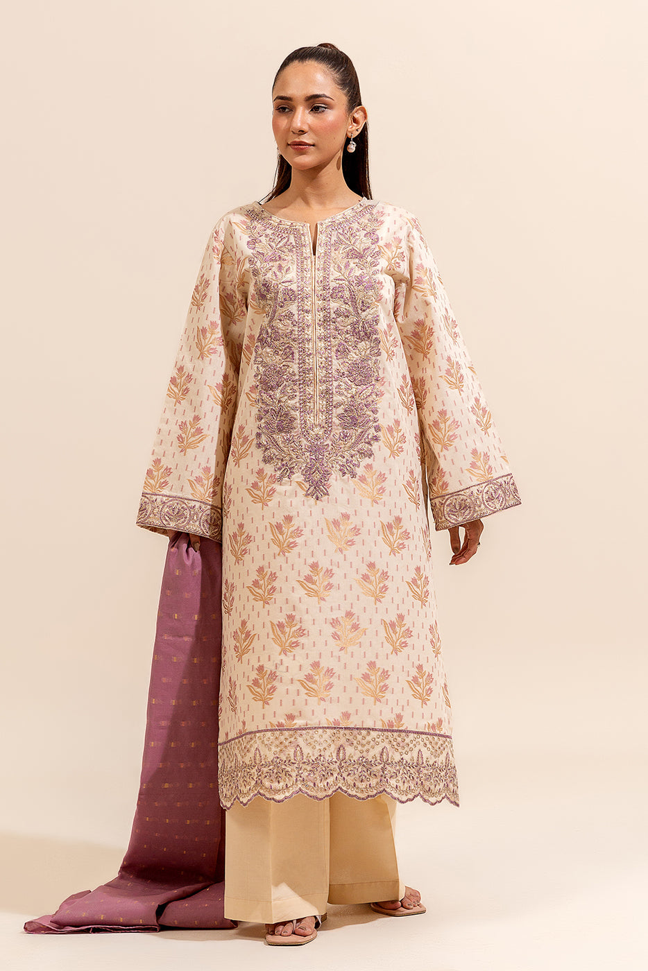 3 PIECE EMBROIDERED JACQUARD SUIT-HEATHER FIELDS (UNSTITCHED)