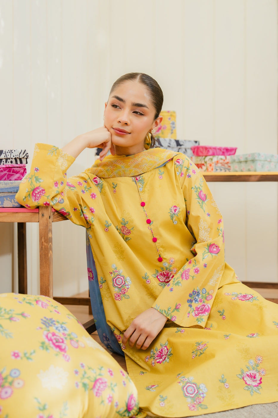 2 Piece Embroidered Lawn Suit-Flaxen Burst (Unstitched)
