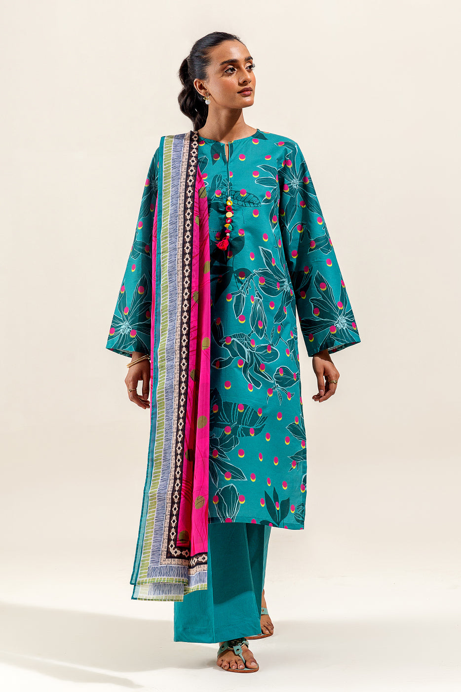 3 Piece Printed Suit-Tiffany Punch (Unstitched)