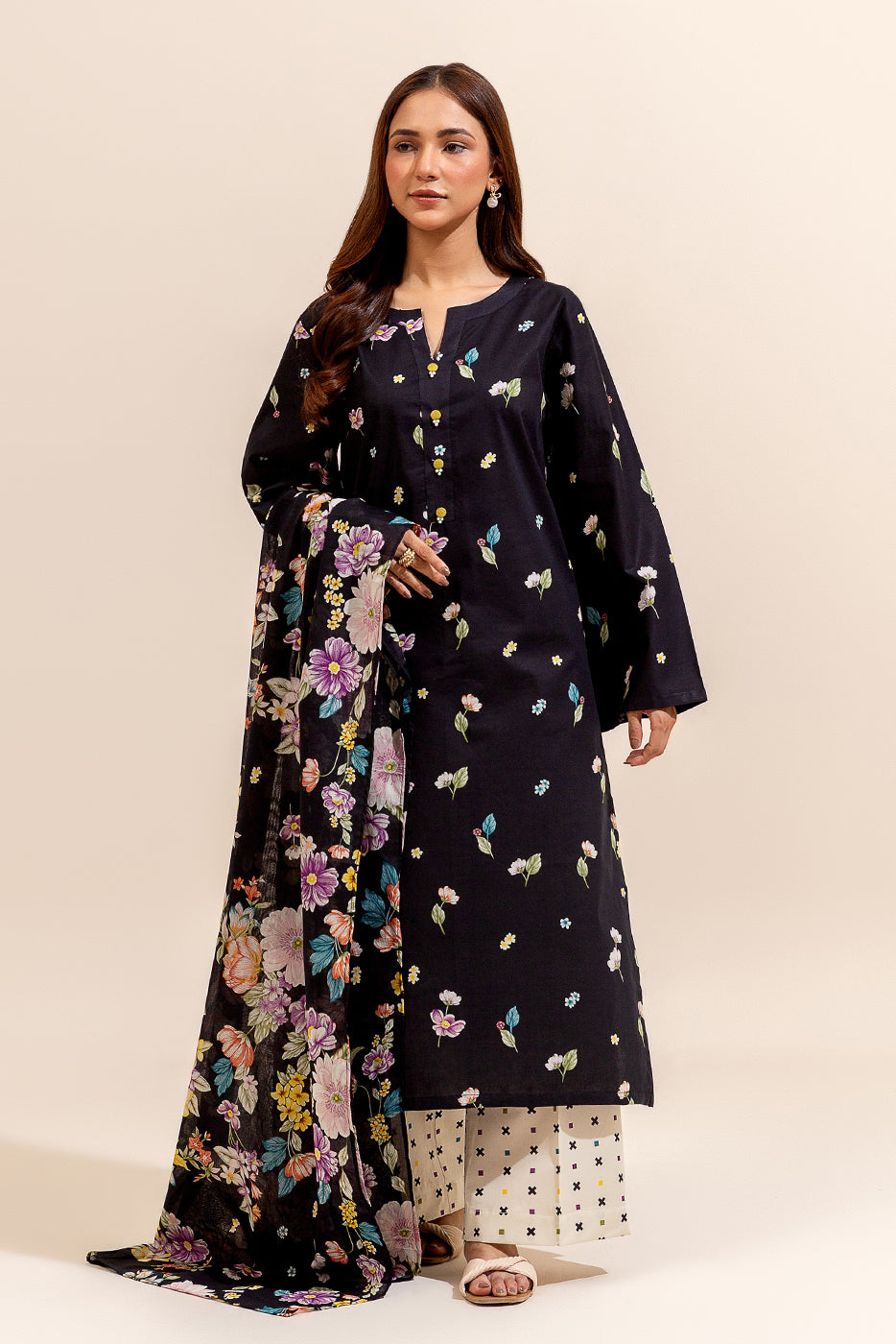 3 Piece Printed Lawn Suit-Noir Cymbidium (Unstitched)