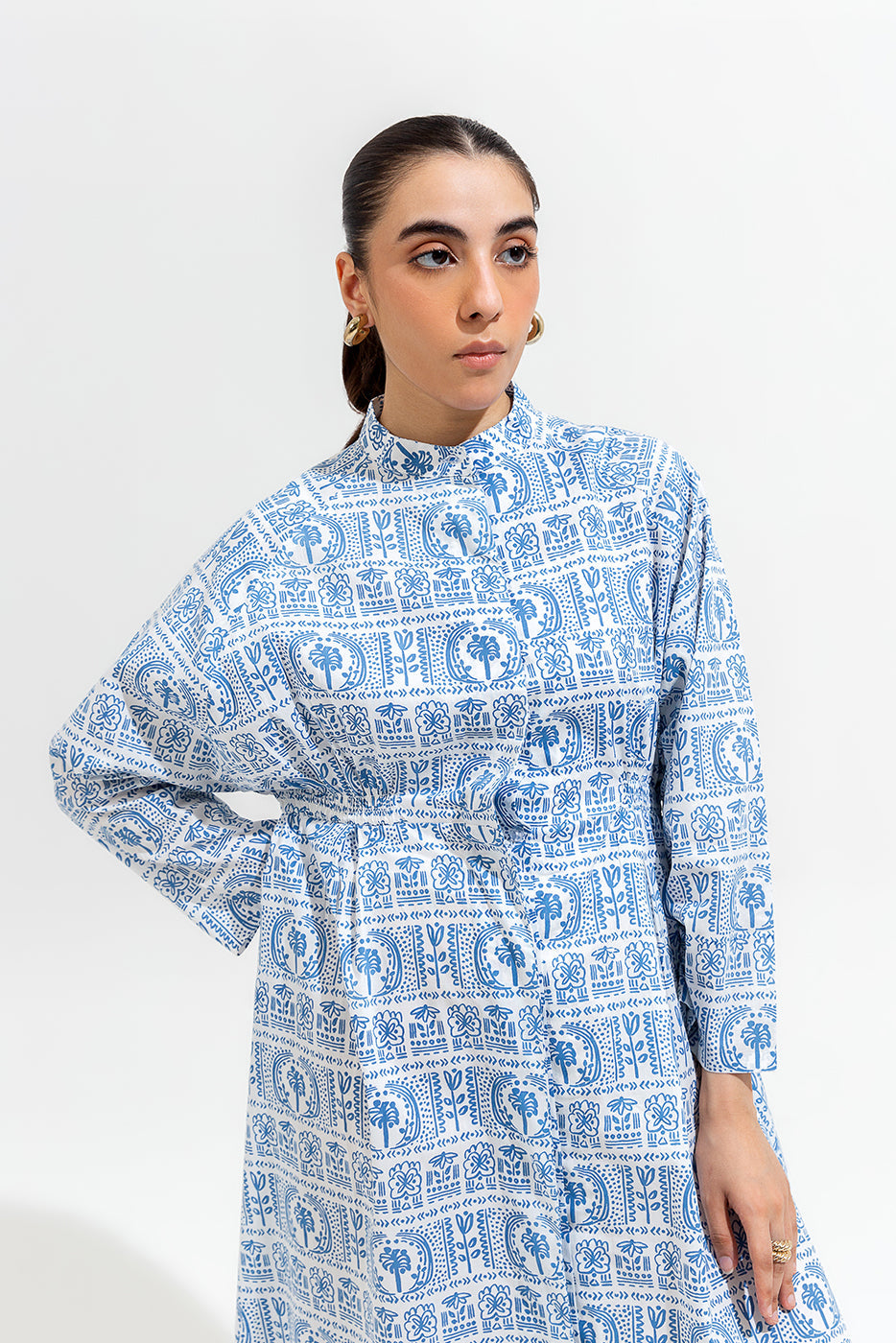 Printed Long Band Collar Dress