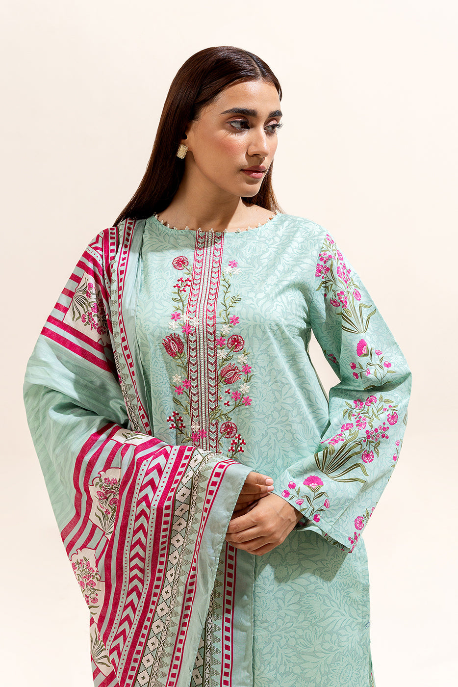 3 Piece Embroidered Lawn Suit-Turquoise Bloom (Unstitched)