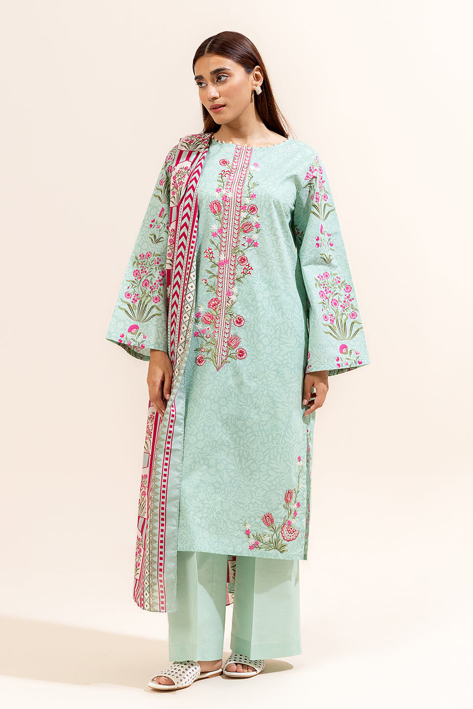 3 Piece Embroidered Lawn Suit-Turquoise Bloom (Unstitched)