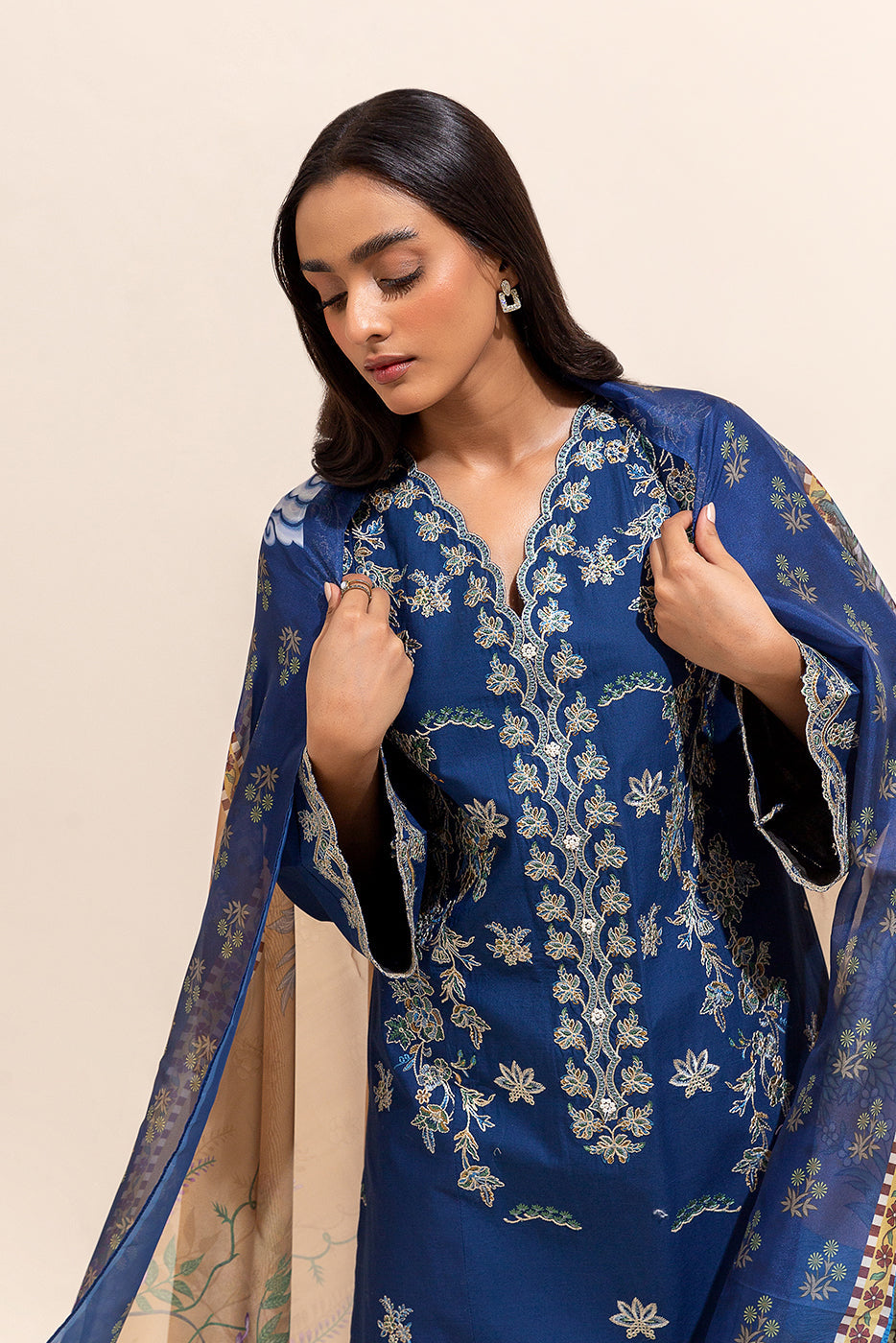 3 Piece Embroidered Lawn Suit-Navy Meadow (Unstitched)