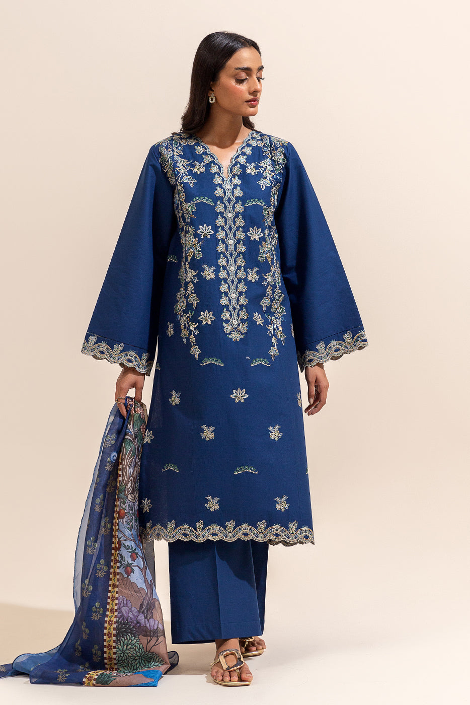 3 Piece Embroidered Lawn Suit-Navy Meadow (Unstitched)