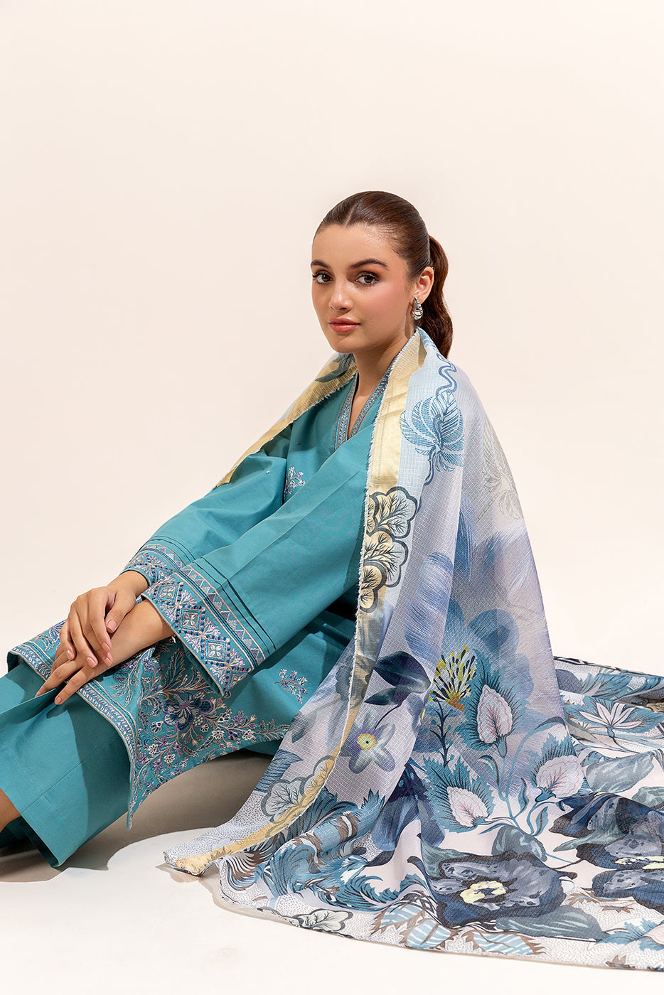 3 Piece Embroidered Lawn Suit-Cerulean Pine (Unstitched)