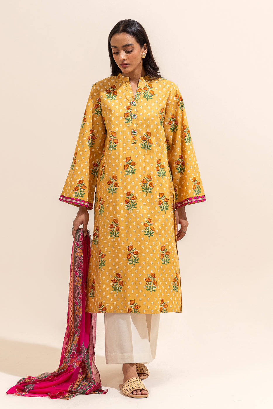 2 Piece Printed Lawn Suit-Mustard Vines (Unstitched)