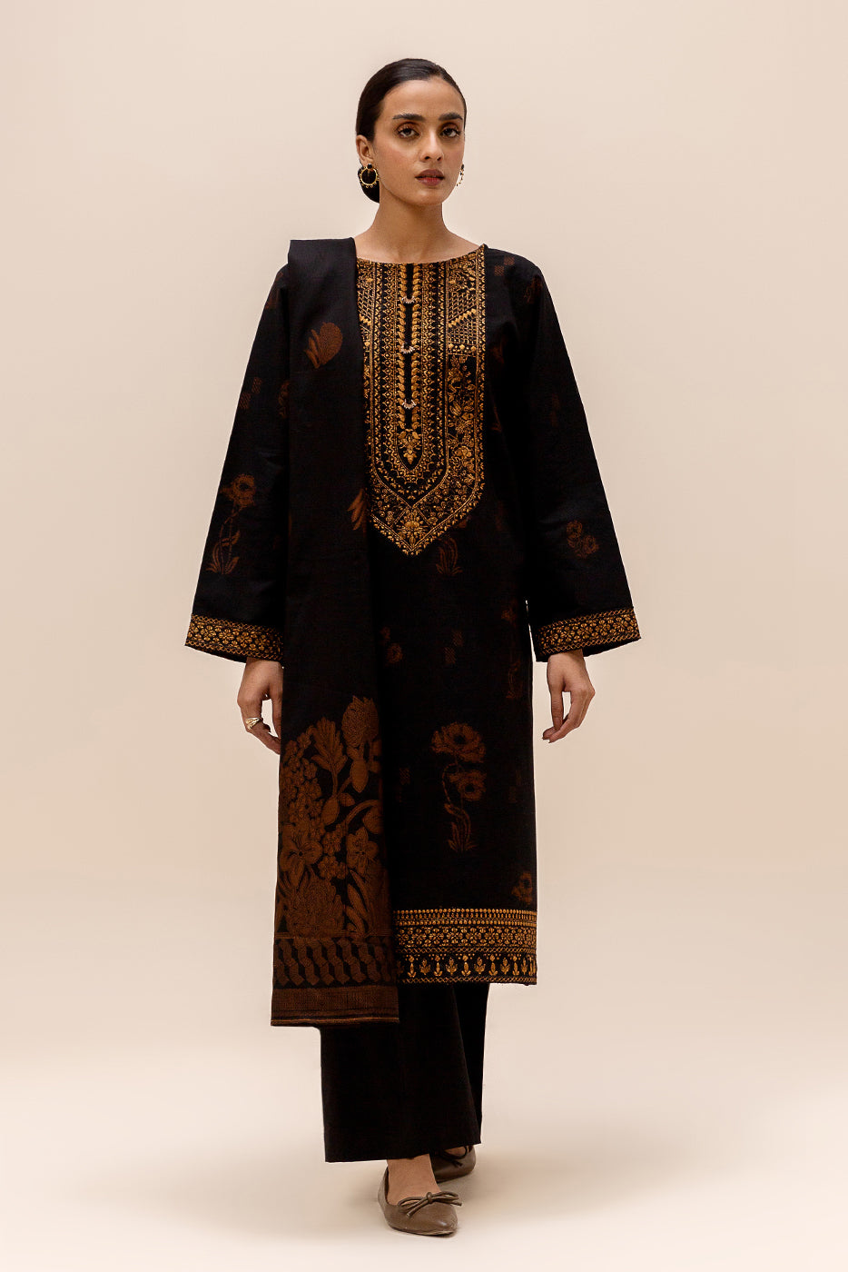 3 Piece Embroidered Jacquard Suit-Raven Glaze (Unstitched)
